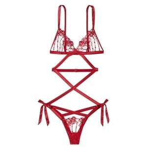 Victoria’s Secret red lace Teddy ribbons & foil embroidery nwt XL